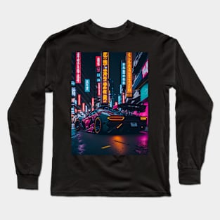 Dark Neon Sports Car in Japanese Neon City Long Sleeve T-Shirt